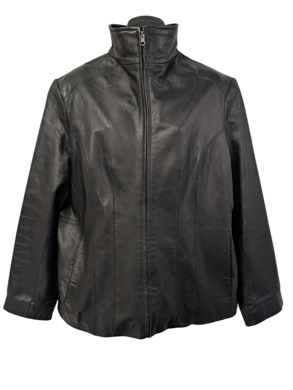 Nine West Women's Genuine Leather Zip Jacket Black Plus Size 1X Stand Collar